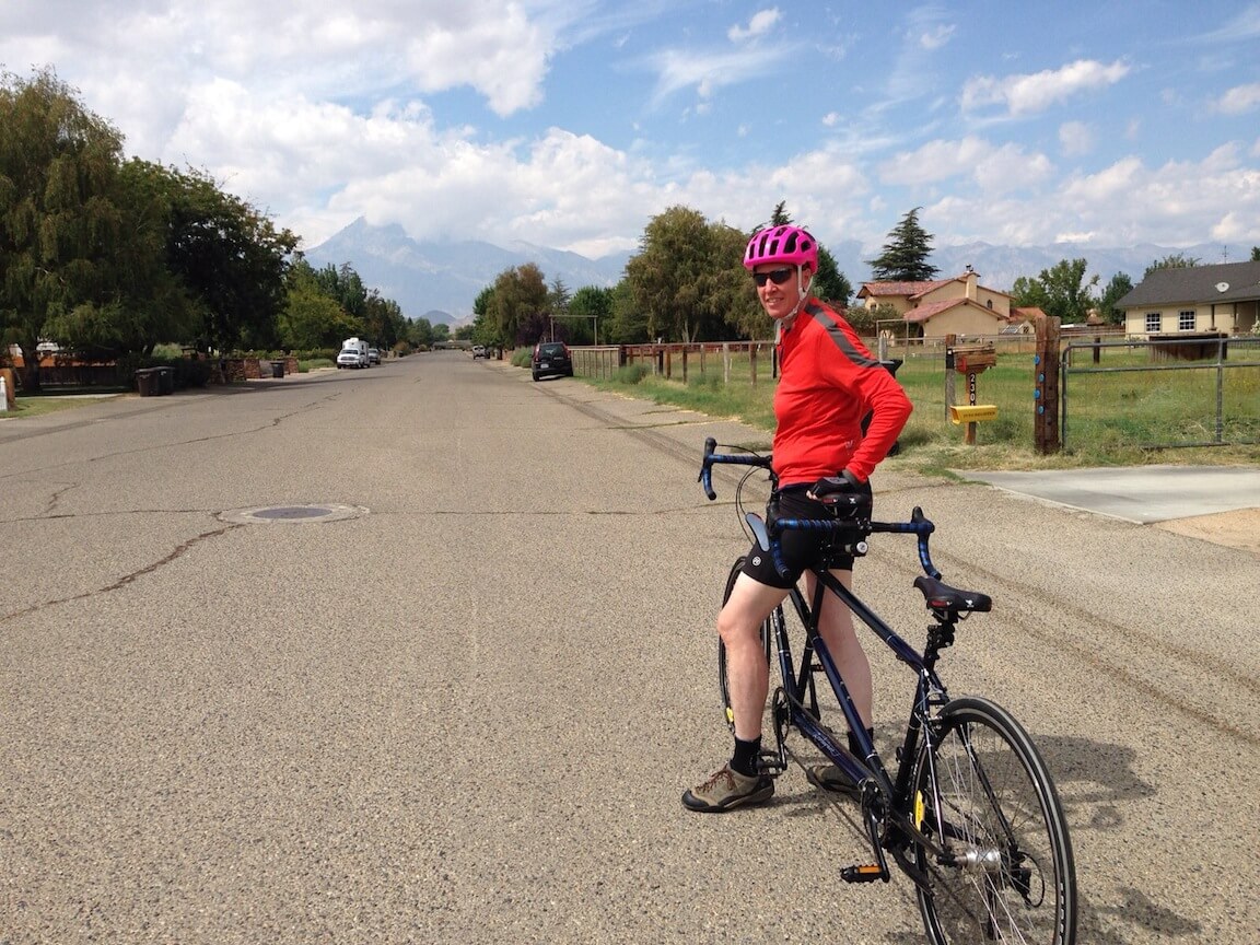 Lori on her Classic Rodriguez tandem bicycle built custom